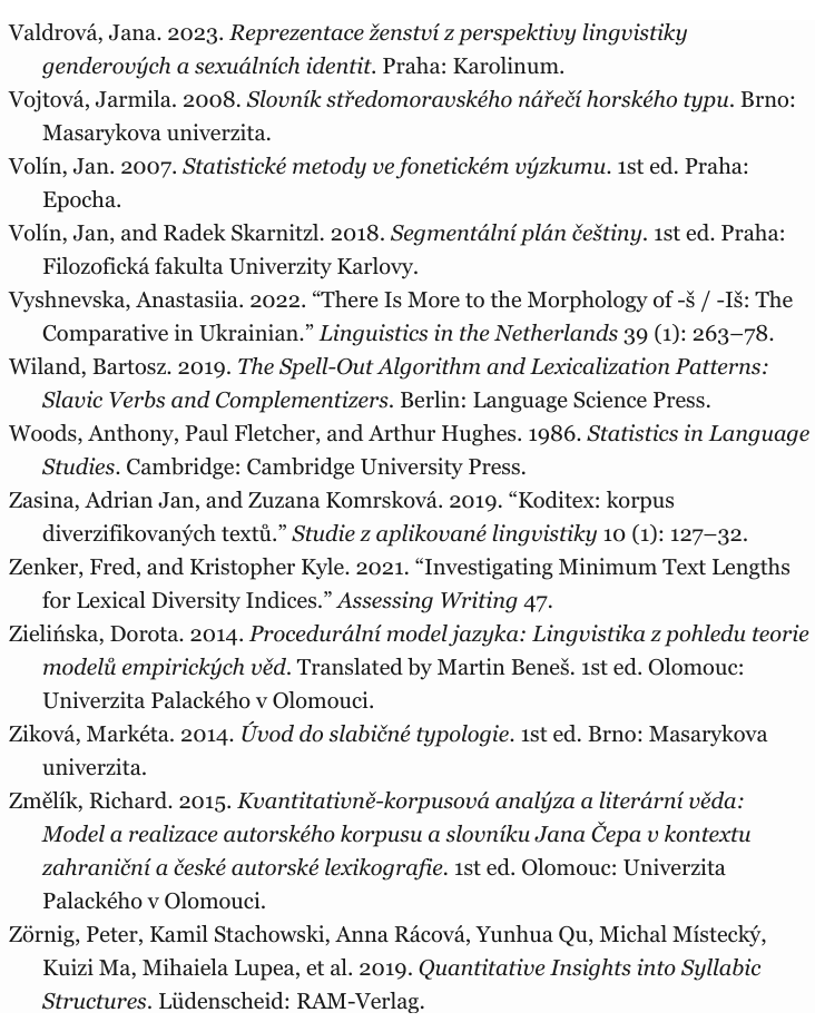Výstup Pandocu. Příjmení nejsou verzálkami, číslování časopisů není rozepsané, kolem názvů článků jsou (anglické) uvozovky.